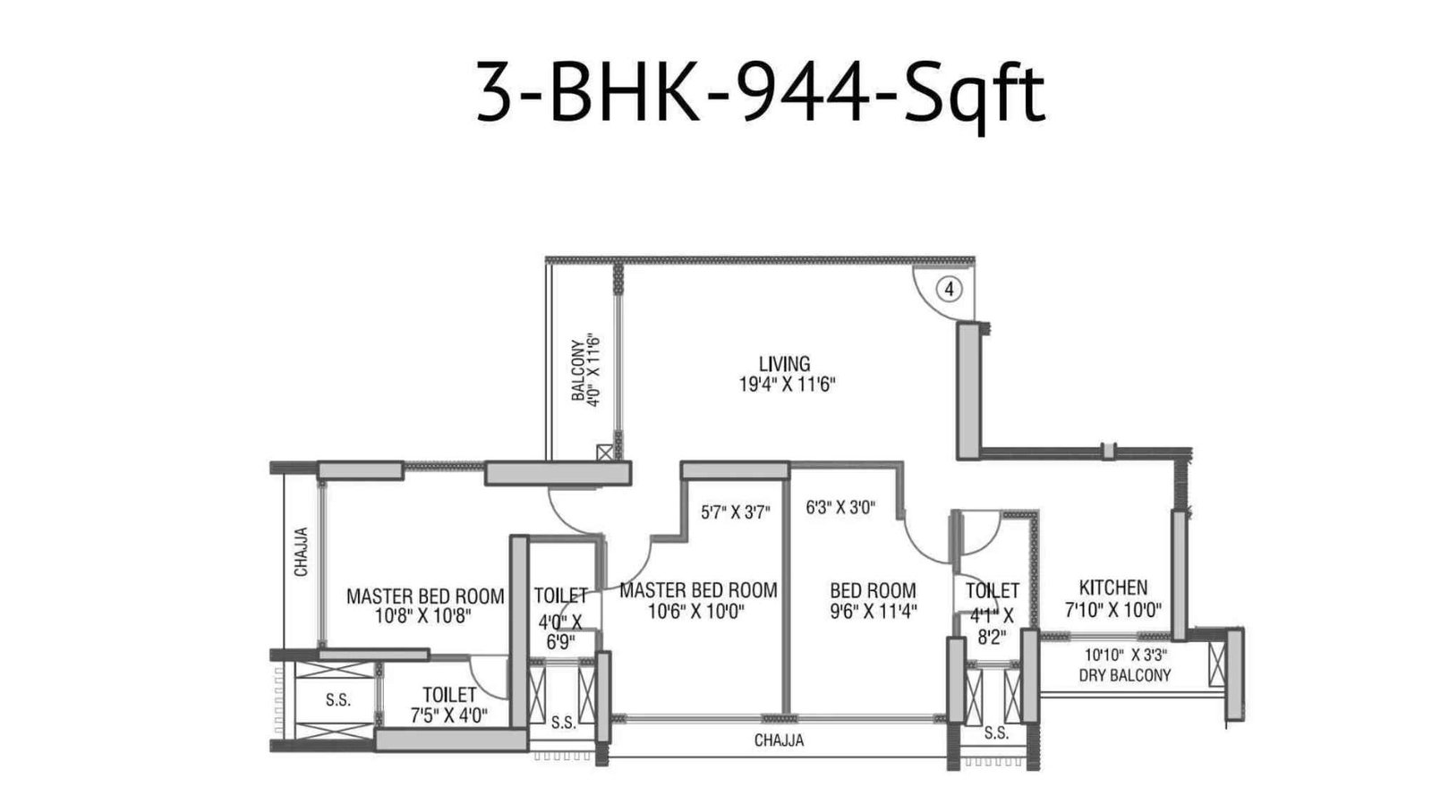 Gundecha-Rexon-Floor-Plan-A-Wing-3-BHK-944-Sqft